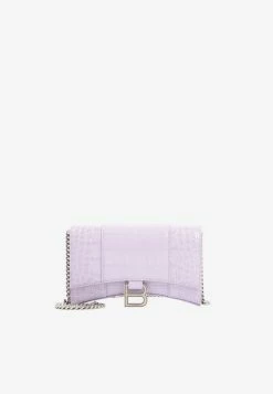 Balenciaga Hourglass Wallet On Chain In Croc-Embossed Leather Lilac