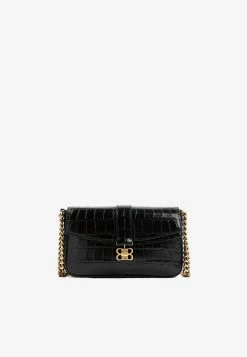 Balenciaga Lady Flap XS Shoulder Bag In Croc Embossed Leather Black