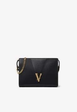 Versace Virtus Shoulder Bag In Calf Leather Black