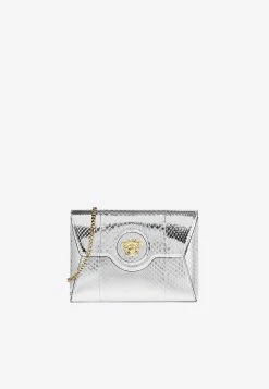 Versace La Medusa Envelope Clutch In Python-Embossed Leather Silver