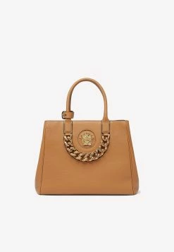 Versace Medusa Leather Top Handle Bag Camel