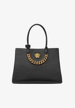 Versace Large Medusa Top Handle Bag In Calf Leather Black