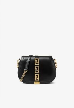 Versace Large Greca Goddess Shoulder Bag In Calf Leather Black