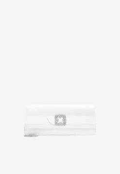 Manolo Blahnik Gothisilong Satin Jewel-Buckle Clutch White