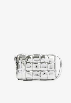 Bottega Veneta Intreccio Padded Cassette Shoulder Bag In Metallic Lambskin Silver