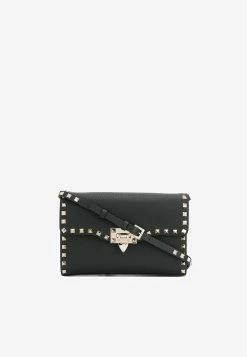 Valentino Small Roman Stud Crossbody Bag In Grained Leather Black