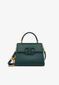 Valentino Small VSLING Top Handle Bag In Grained Leather Dark Green