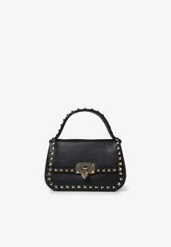 Valentino Small Rockstud Top Handle Bag In Grained Leather Black