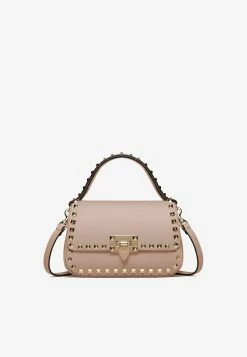 Valentino Small Rockstud Top Handle Bag In Grained Leather Blush