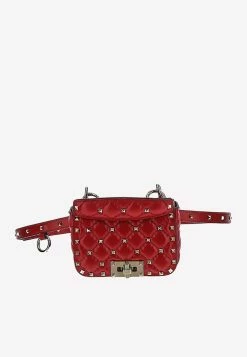 Valentino Rockstud Spike Quilted Leather Belt Bag Red