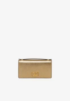 Valentino VLogo Metallic Leather Clutch Gold
