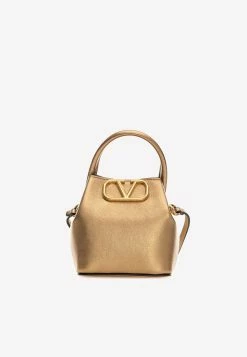 Valentino Mini VLogo Bucket Bag In Metallic Leather Gold