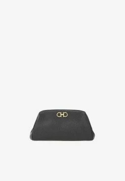 Salvatore Ferragamo Mini Gancini Clutch Bag In Hammered Leather Black
