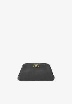 Salvatore Ferragamo Mini Gancini Clutch In Grained Leather Black