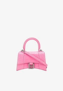 Balenciaga XS Hourglass Top Handle Bag In Croc Embossed Leather Pink