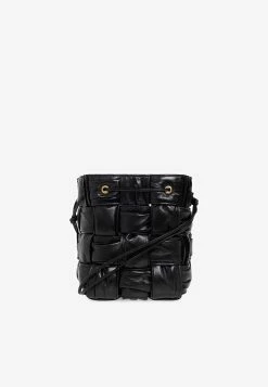 Bottega Veneta Small Cassette Bucket Bag In Plisse Intreccio Leather Black