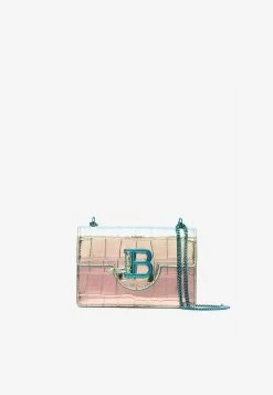 Balmain Mini B-Buzz Shoulder Bag In Croc Embossed Leather Metallic