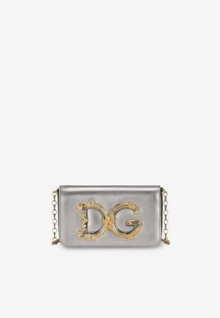 Dolce & Gabbana DG Girls Nappa Mordore Leather Chain Clutch Silver