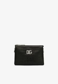 Dolce & Gabbana Small Tris Clutch Bag In Croc-Embossed Leather Black