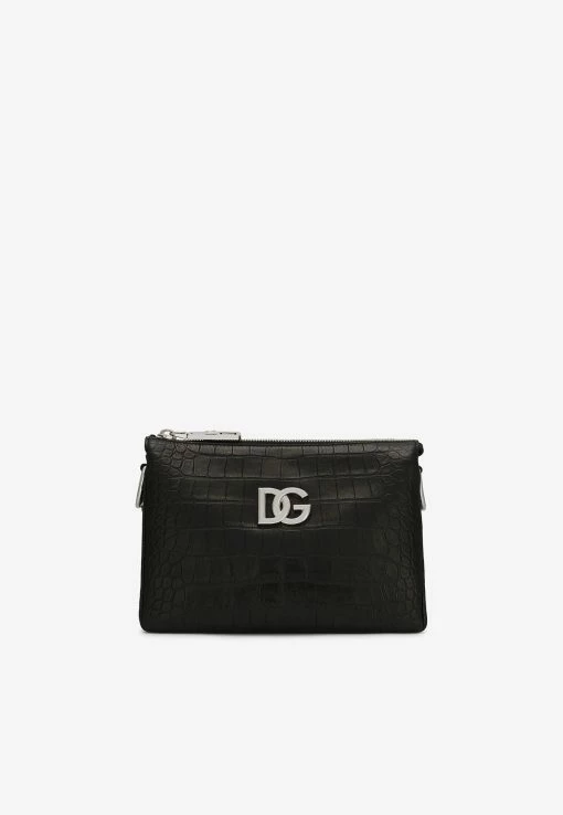 Dolce & Gabbana Small Tris Clutch Bag In Croc-Embossed Leather Black -Cheap TOP-HANDLE-BAGS Store BB7218 20AA446 2080999