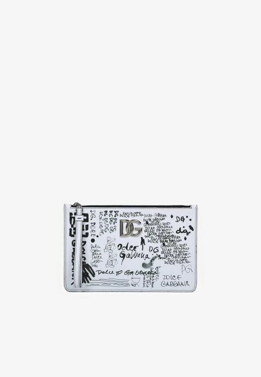 Dolce & Gabbana Logo Print Zip Pouch Bag In Calf Leather Monochrome -Cheap TOP-HANDLE-BAGS Store BI1443 20AD455 20HWSAN 201