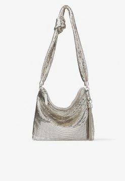 Jimmy Choo Callie Metallic Mesh Shoulder Bag With Knotted Strap Silver