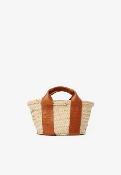 Chloé Logo Beach Bag In Leather And Raffia Beige