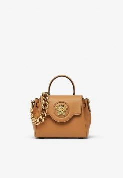Versace Small La Medusa Top Handle Bag In Calf Leather Brown