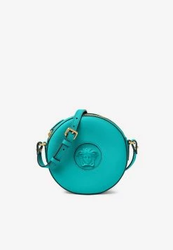 Versace Medusa Round Crossbody Bag In Grained Leather Turquoise