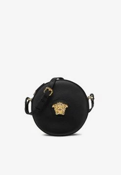 Versace Medusa Round Crossbody Bag In Grained Leather Black