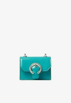 Jimmy Choo Mini Paris Crystal Buckle Crossbody Bag In Patent Leather Blue