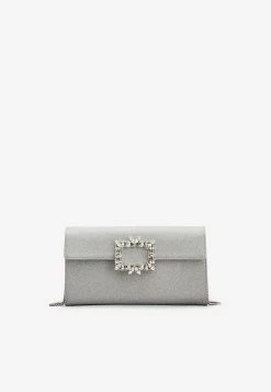 Roger Vivier Broche Vivier Buckle Clutch In Glitter Fabric Silver