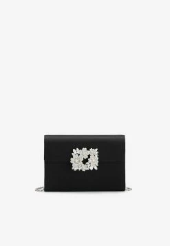 Roger Vivier Mini Bouquet Crystal Buckle Clutch In Satin Black