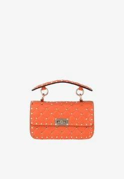 Valentino Rockstud Spike Quilted Top Handle Bag In Nappa Leather Orange