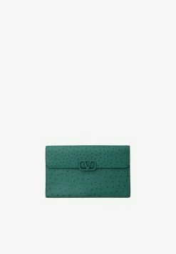 Valentino Large VLogo Envelope Clutch In Ostrich Leather Green