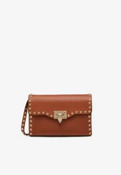 Valentino Small Roman Stud Crossbody Bag In Grained Leather Brown