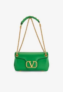 Valentino Stud Sign Shoulder Bag In Nappa Leather Green