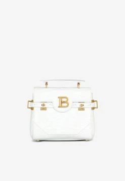 Balmain B-buzz 23 Shoulder Bag In Croc-Embossed Calf Leather White