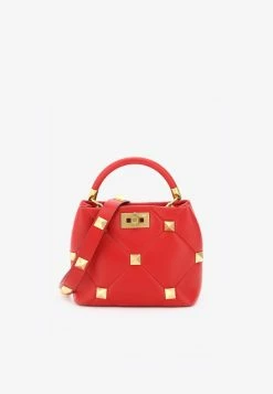Valentino Small Roman Stud The Handle Bag In Lambskin Red