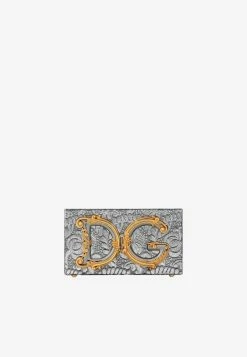 Dolce & Gabbana DG Box Plexi Lamé Jacquard Chain Clutch Bag Silver